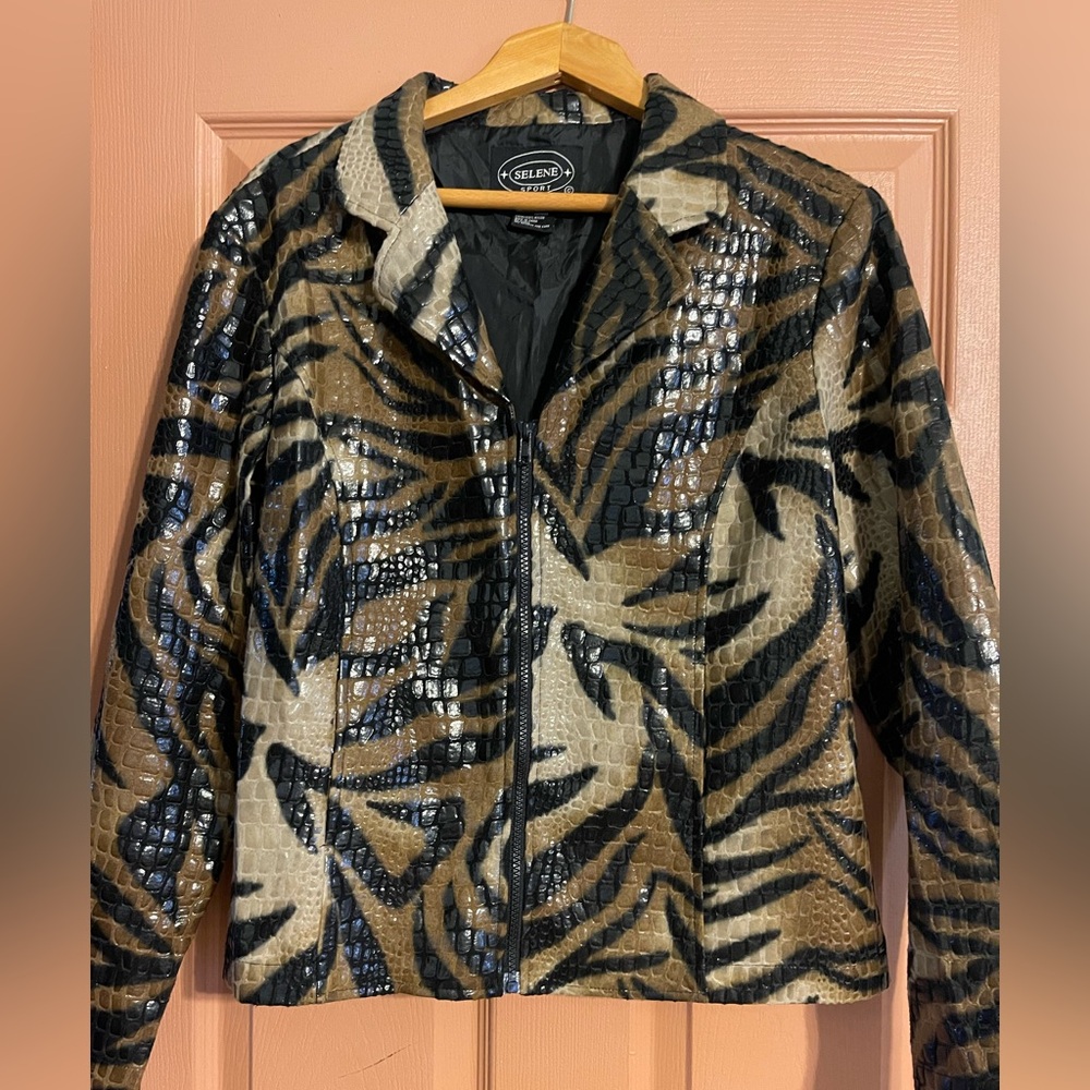 Selene Sport Glossy Animal-Print Leather Jacket in Black & Brown